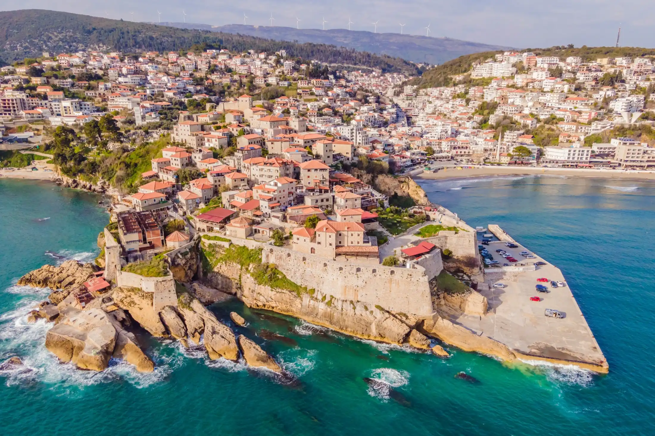 Aerial View of Ulcinj’s Old Town and its red-roofed buildings